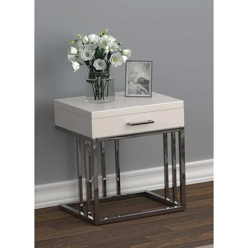 Tinsel 2-Drawer Glossy White End Table w- Casters