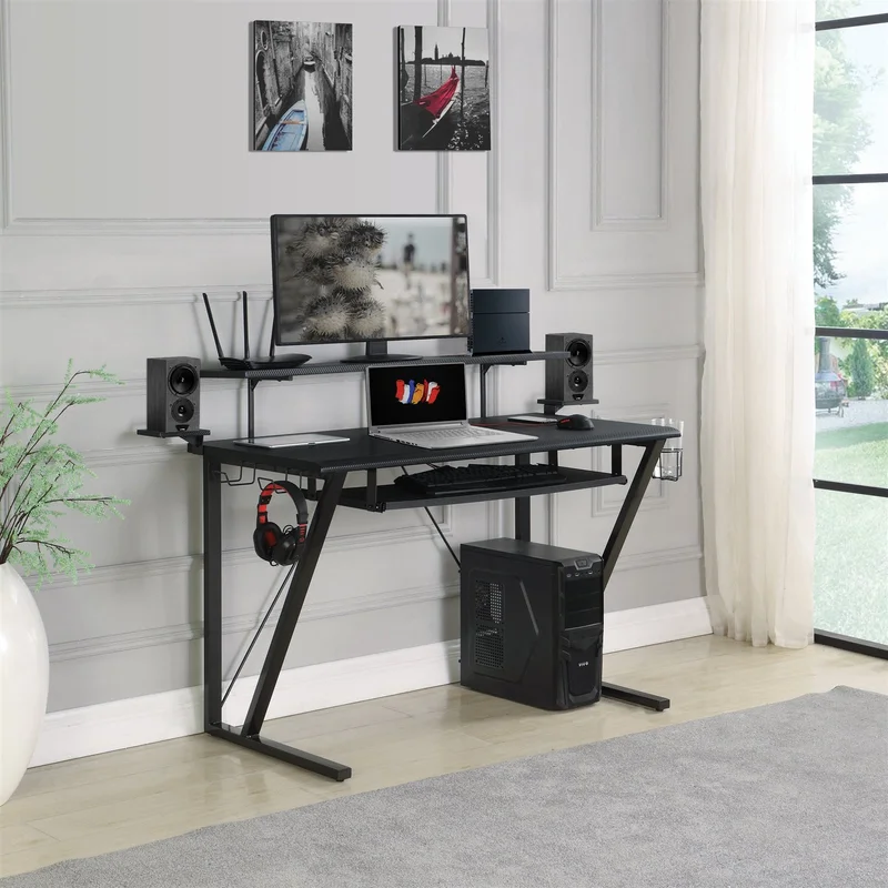Tech Spec Gaming Desk With Cup Holder Gunmetal