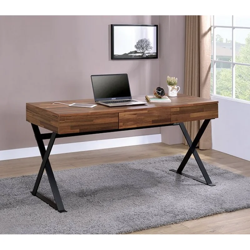 Tensed Industrial Writing Desk in Varied Natural Finish with Black Base
