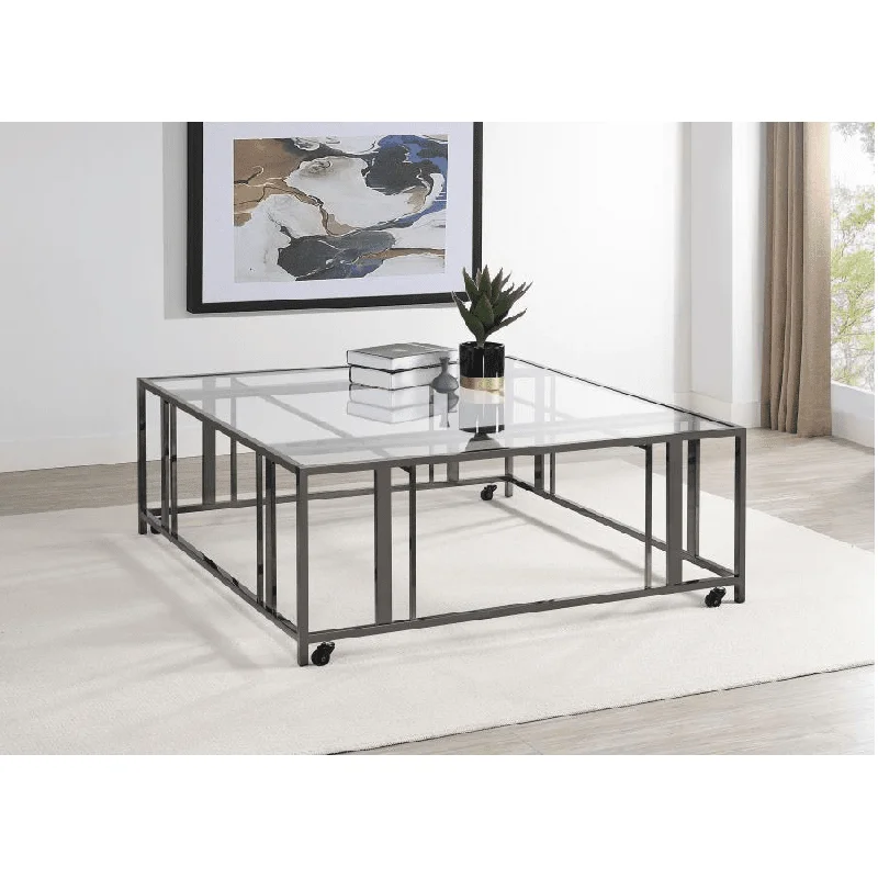 Adri Square Glass Top Coffee Table with Casters - Black Nickel