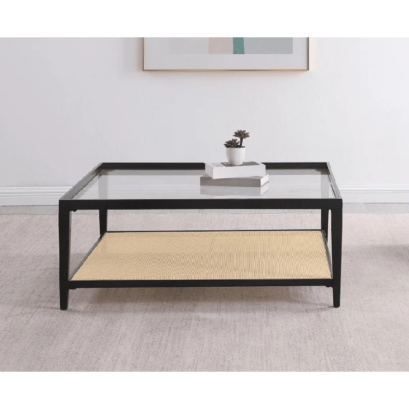 Amherst Glass Top Metal with Cane Shelf Coffee Table