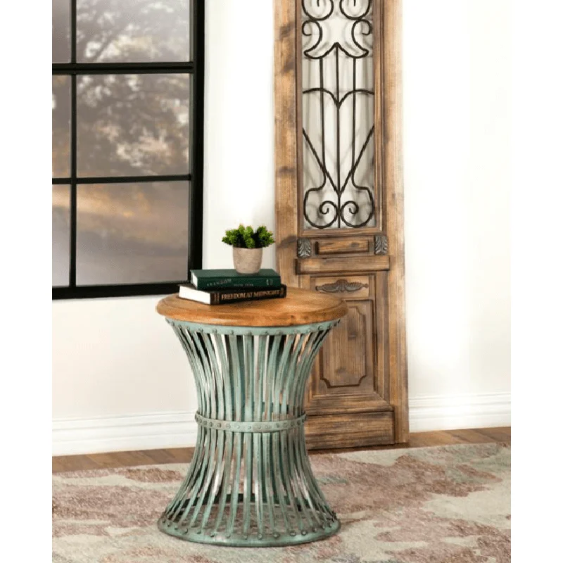 Round Accent Table with Natural Top and Blue Distressed Base