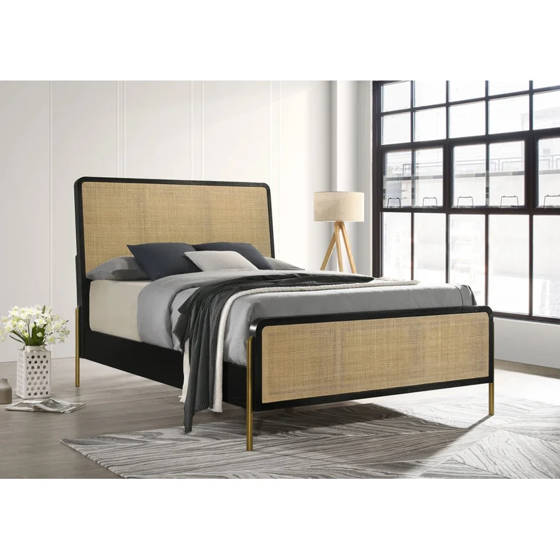 Arini Rattan Queen Panel Bed Black and Natural