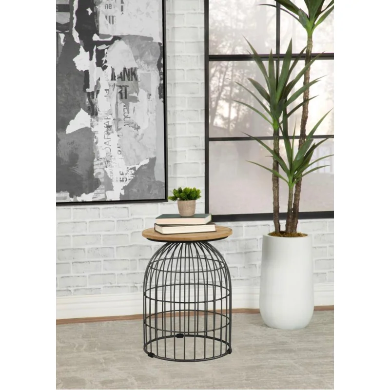 Bernardo Round Wire Frame Side Table Natural and Gunmetal