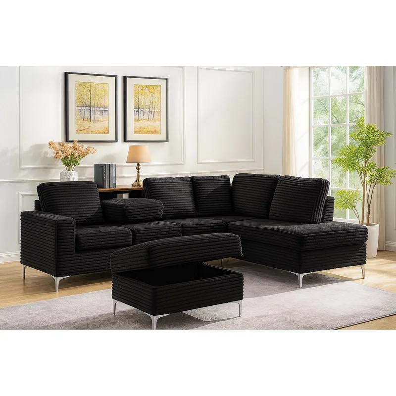 Dalton Black Corduroy Sectional Sofa with Ottoman & Drop-Down Table