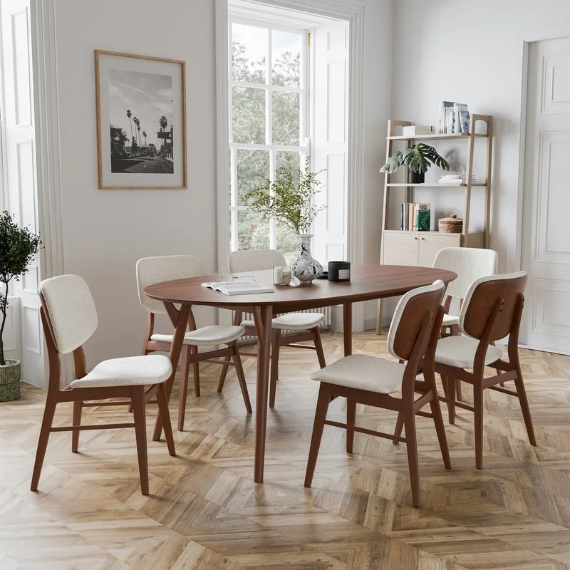 Uzwil Mid-Century Modern 7-Piece Dining Set in Walnut with Boucle Chairs