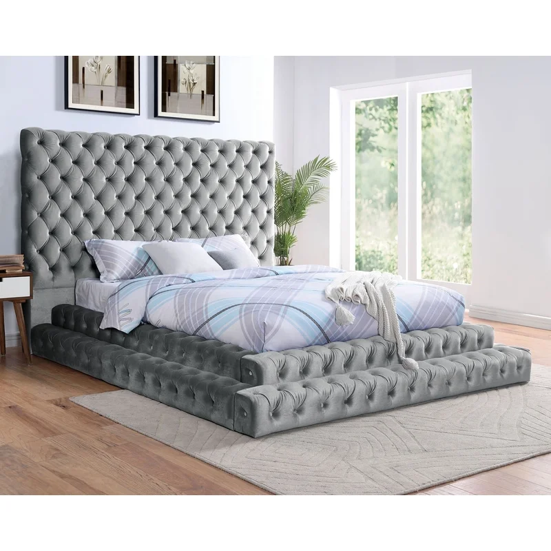 Stefania Gray Velvet Glam King Platform Bed