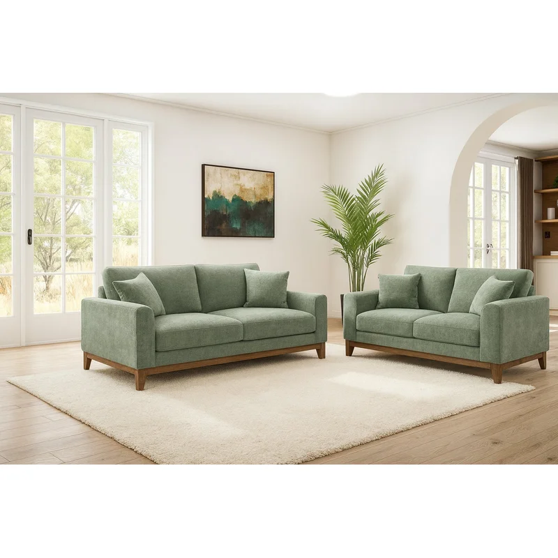 Watton Mid-Century Modern Chenille Sofa & Loveseat Set - Olive
