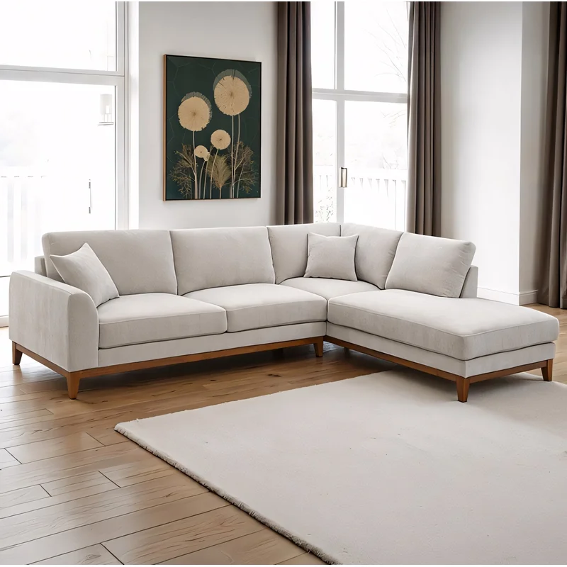Watton Mid-Century Modern Light Gray Chenille Sectional Sofa with Walnut Wood Trim