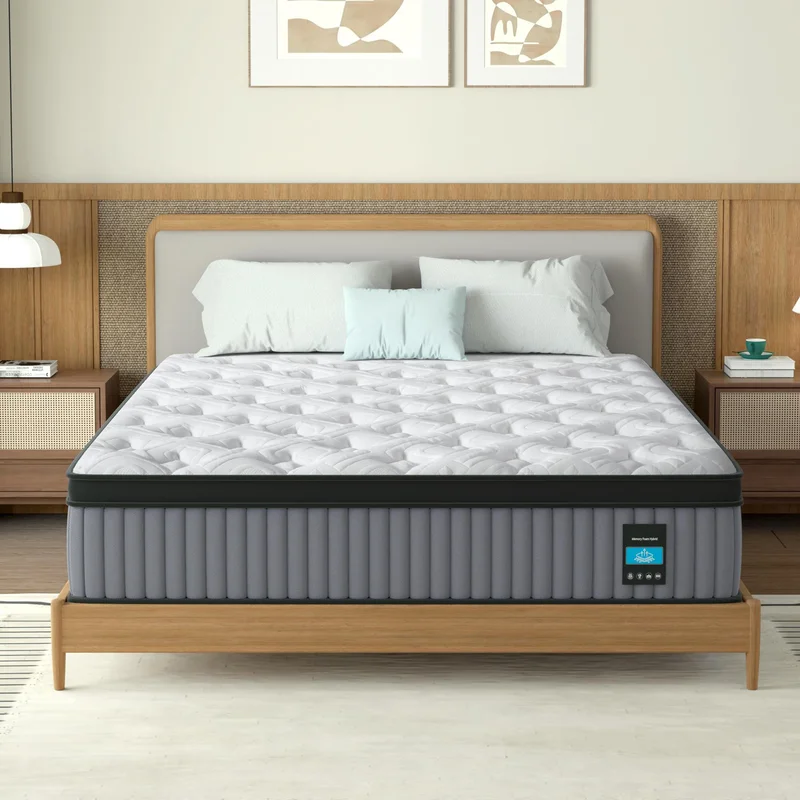 14" Hybrid Mattress King Memory Foam & Pocket Spring Bed Cooling - Grey+white
