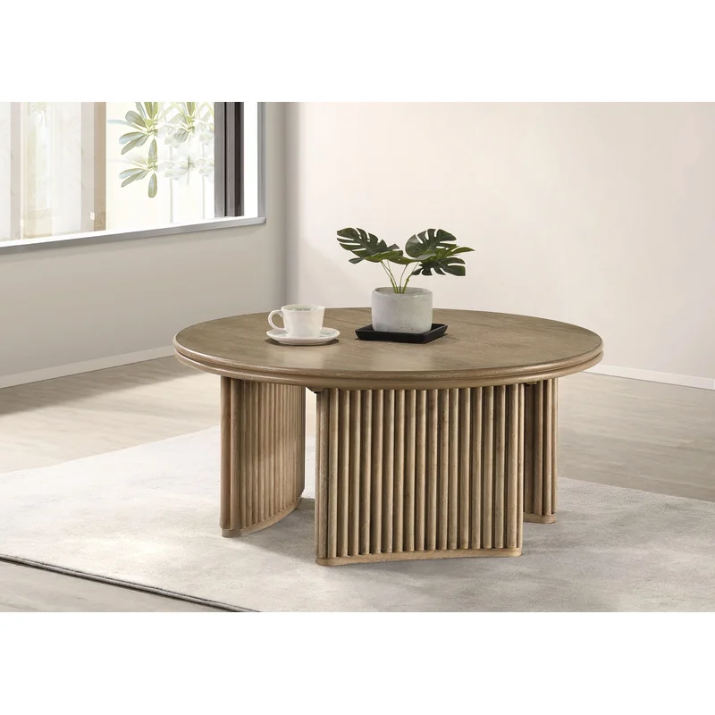 Adina Round Coffee Table with Reeded Pedestal Base Distressed Light Brown