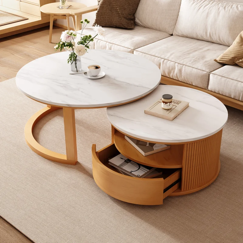 Round Nesting Coffee Table with White Marble Veneer Top 2-Tier storage and 1 drawer Natural 28.5'