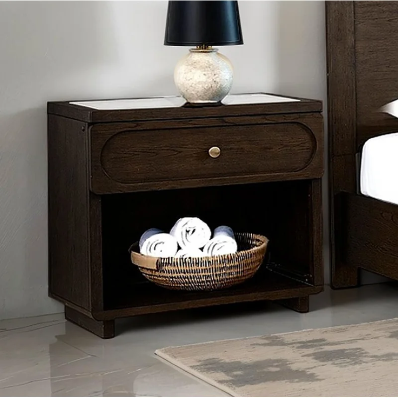 Vellara Transitional Nightstand with Stone Top & USB Charging Dark Walnut