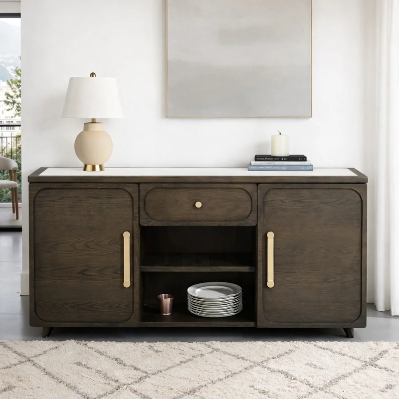 Vellara Transitional Sideboard with Stone Top & Open Shelving Dark Walnut