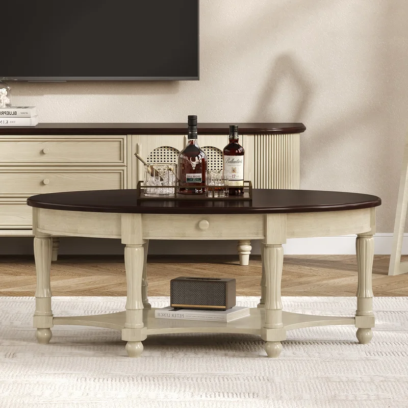 Vintage Oval Coffee Table with Drawer and Storage Shelf Antique Cocktail Table in 45' French Country Accent Table for Living RoomBeige and Cherry