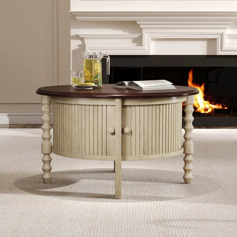 Vintage Round Coffee Table with Storage in 30.3' for Living Room Mid Century Modern Cocktail Table with Sliding Door Slatted Design Accent Table for Small Space Beige and Espresso