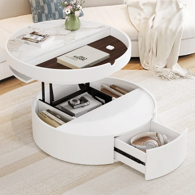 White Round Lift Coffee Table with 1 Drawer in 29.5' Marble and Wood Grain Tabletop