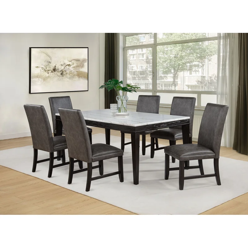 Averill 7-piece White Marble Top Dining Set Dark Grey and Coffee Bean