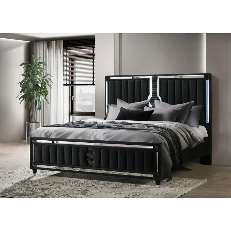 Ravenne Velvet Upholstered Eastern King LED Panel Bed Black