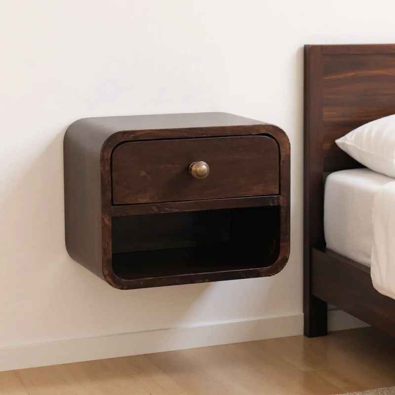 16 Walnut Solid Wood Round One Drawer Floating Nightstand