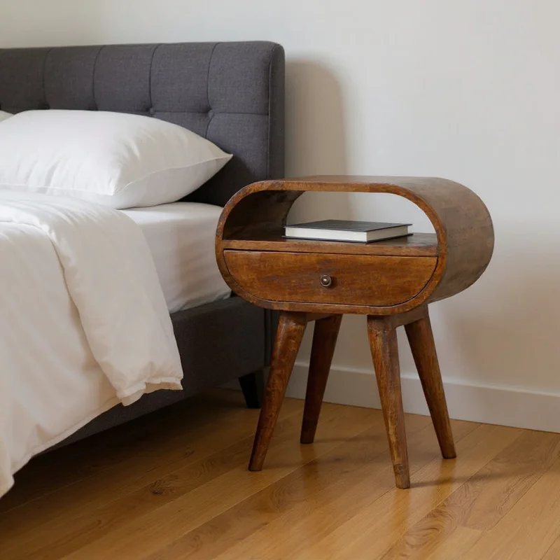 21 Brown Solid Wood Oval One Drawer Nightstand