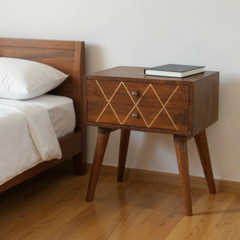 22 Chestnut Solid Wood Geometric Brass Inlay Two Drawer Nightstand