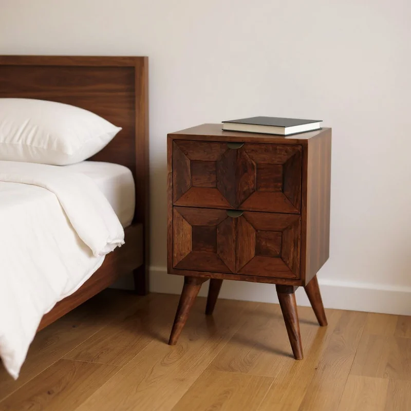 24 Chestnut Solid Wood Square Carved Geometric Two Drawer Nightstand