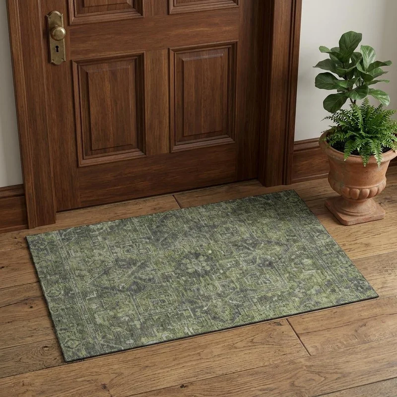 3 X 5 Green And Gray Medallion Distressed Washable Area Rug With UV Protection