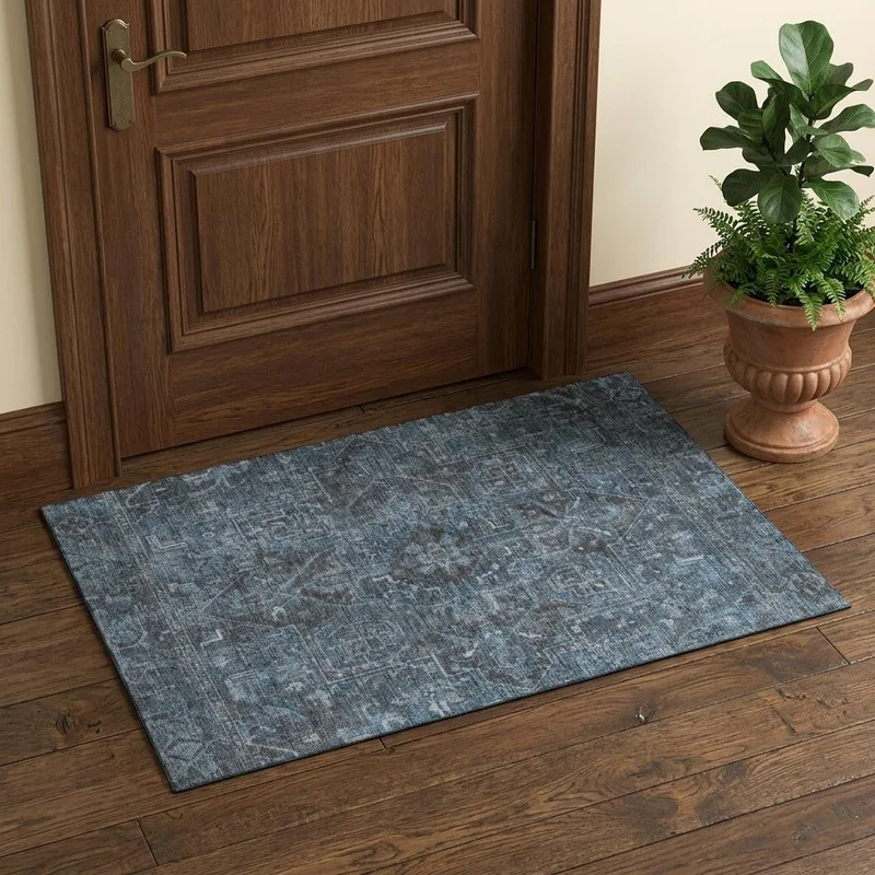3 X 5 Navy Blue And Gray Medallion Distressed Washable Area Rug With UV Protection