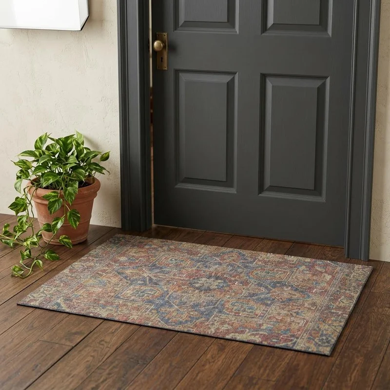 3 X 5 Red And Blue Medallion Distressed Washable Area Rug With UV Protection