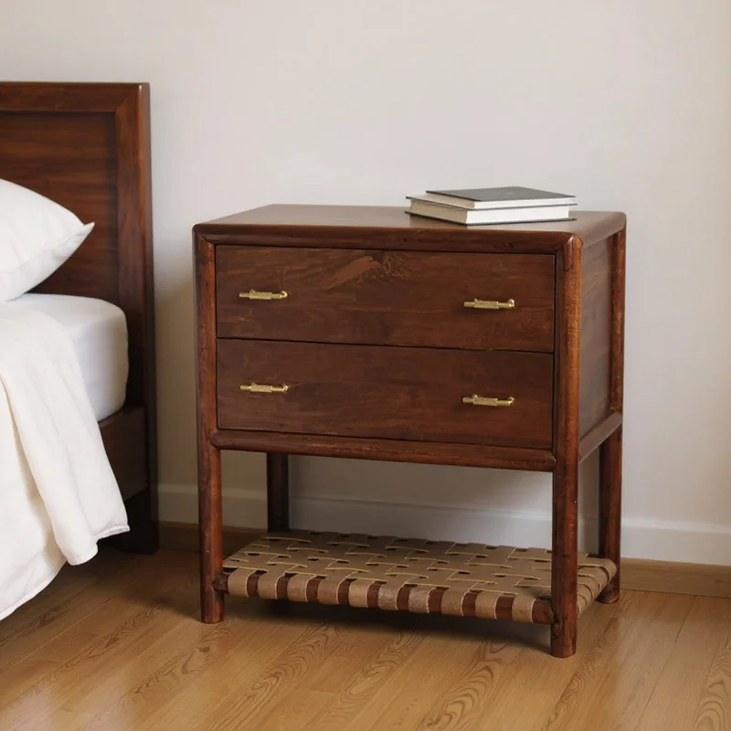 32 Brown Solid Wood Two Drawer Nightstand With Leather Shelf