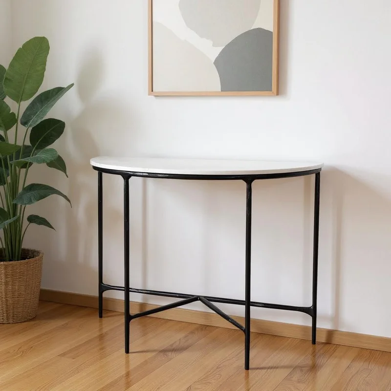 36 White and Black Genuine Marble and Iron Half Moon Console Table