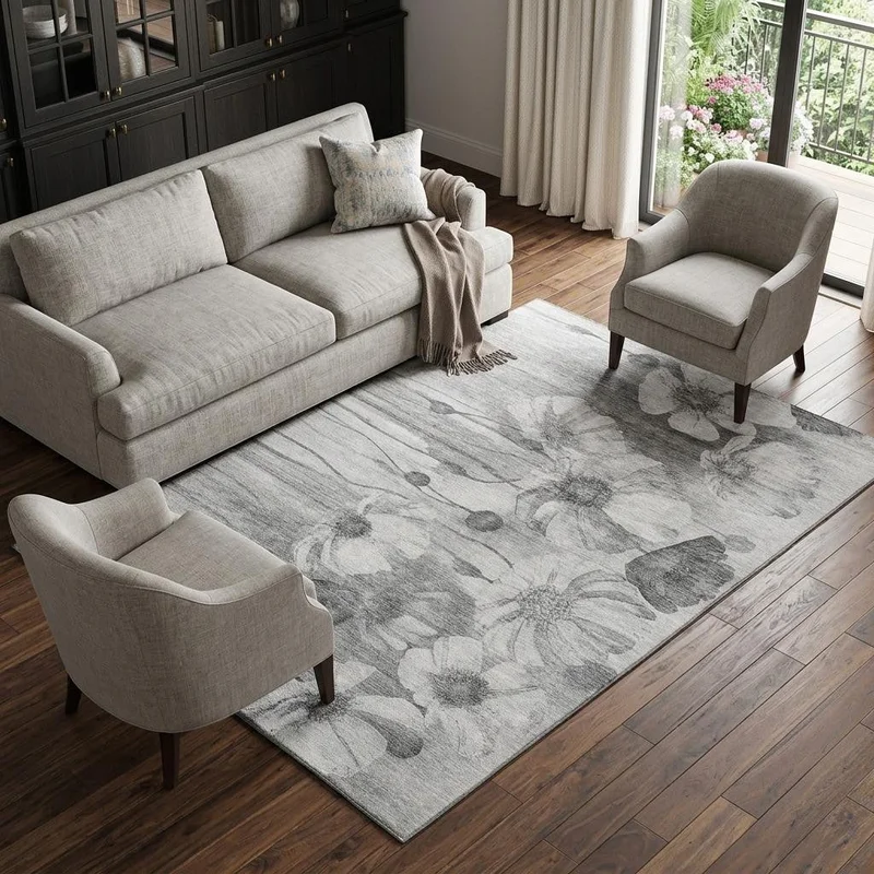 10 X 14 Gray And Silver Floral Washable Area Rug With UV Protection