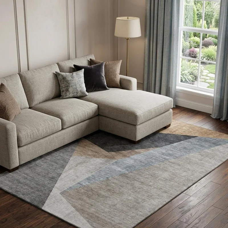 10 X 14 Taupe Blue And Beige Geometric Washable Area Rug With UV Protection