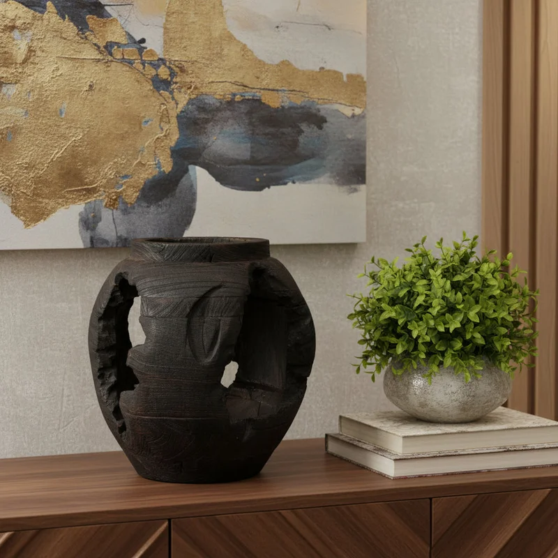 14 Black Solid Wood Table Vase With Sculptural Details