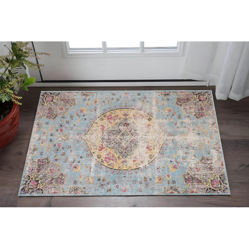 3 X 5 Blue Yellow And Pink Medallion Area Rug