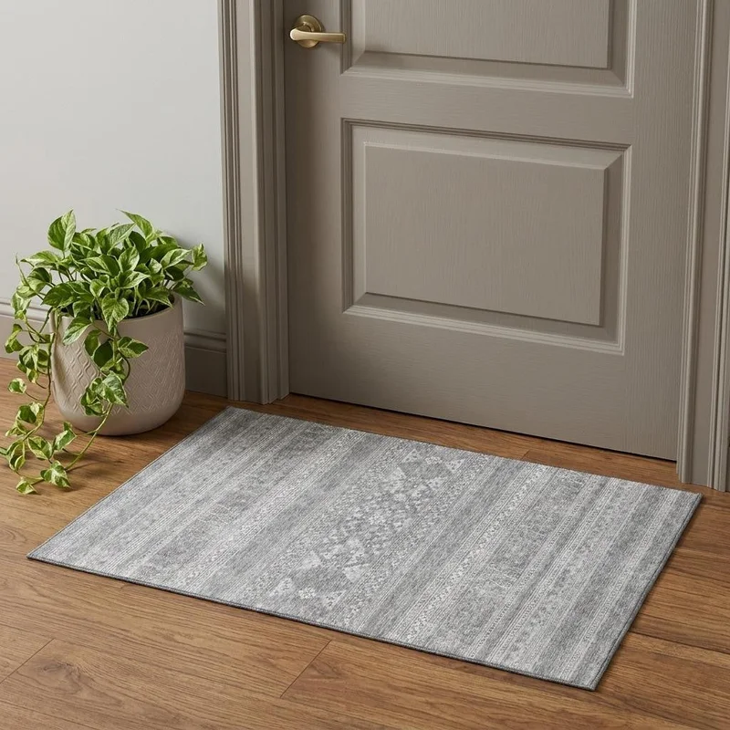 3 X 5 Silver And Gray Southwestern Washable Area Rug With UV Protection