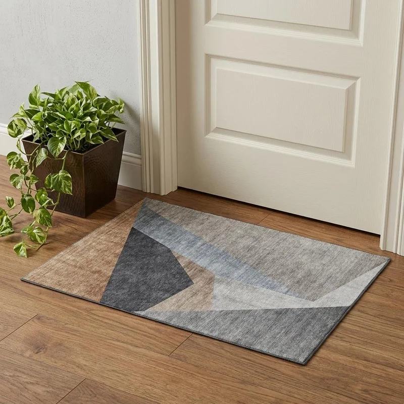3 X 5 Taupe Blue And Beige Geometric Washable Area Rug With UV Protection