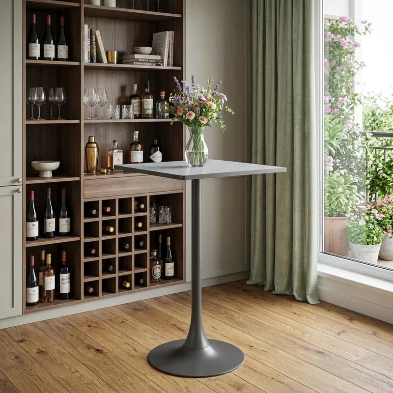 24 Gray and Black Faux Terrazzo and Steel Square Bar Table