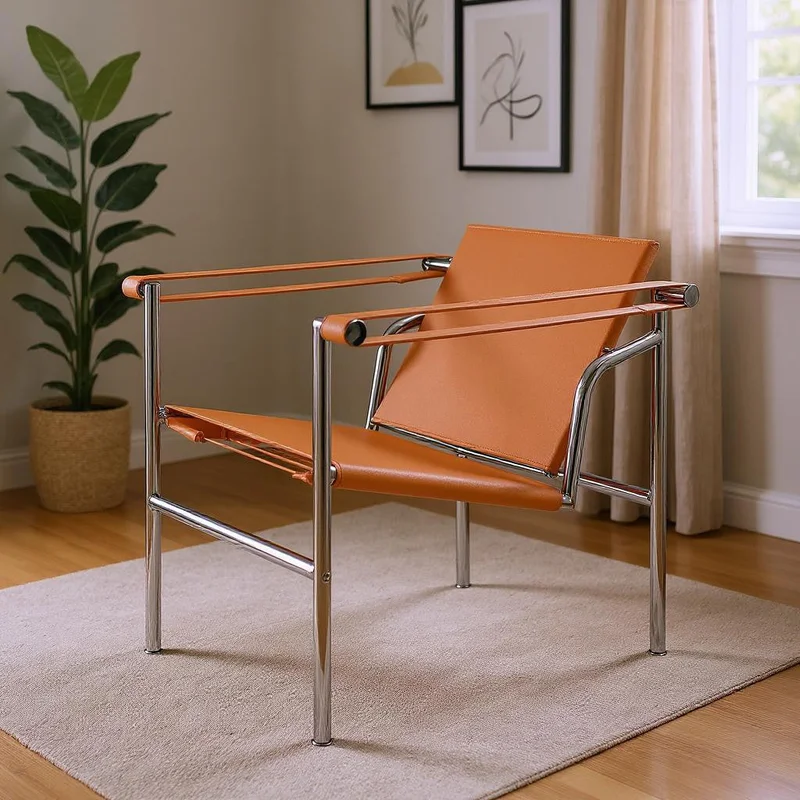 24 Terra Cotta and Silver Faux Leather and Stainless Adjustable Back Arm Chair