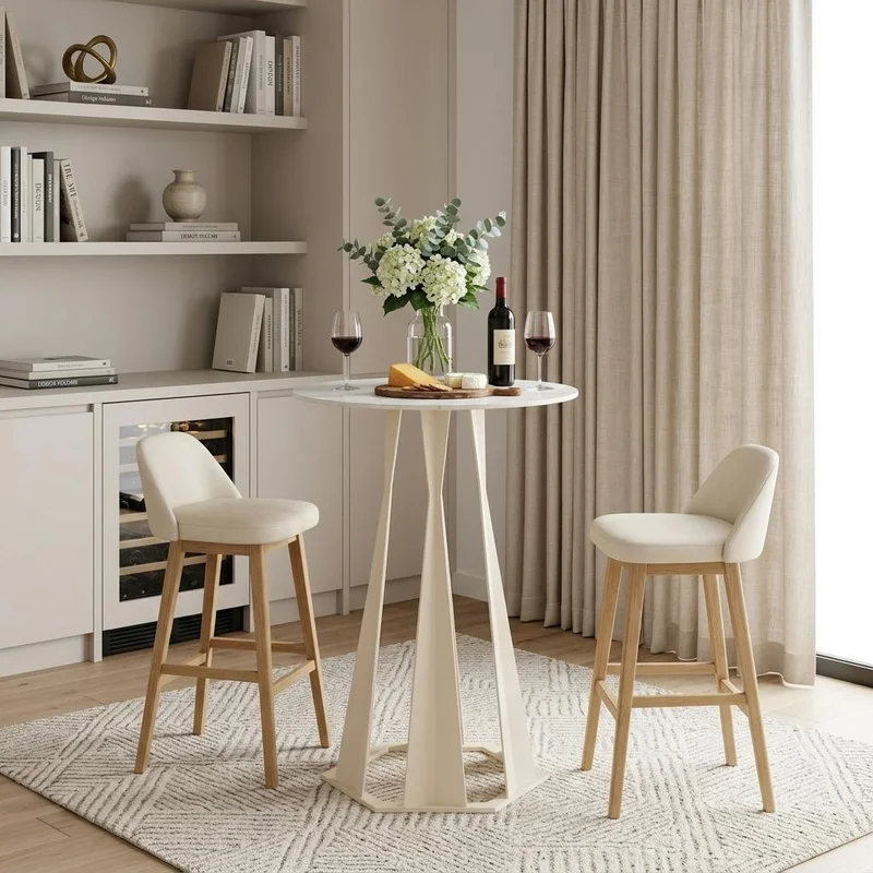 26 White Faux Marble and Steel Rounded Bar Table