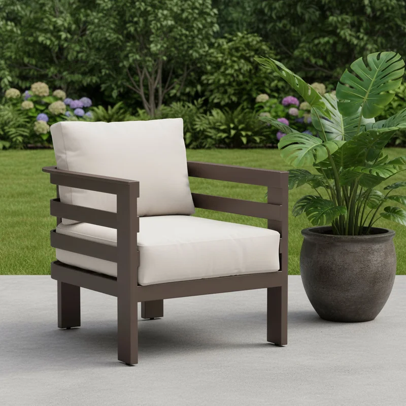 30 Brown Aluminum Outdoor Arm Chair with White Cushion