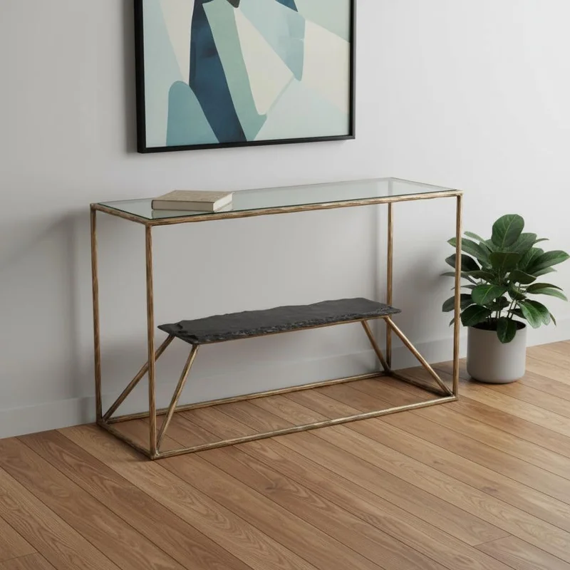 48 Clear and Brass Glass Iron and Stone Frame Console Table With Shelf