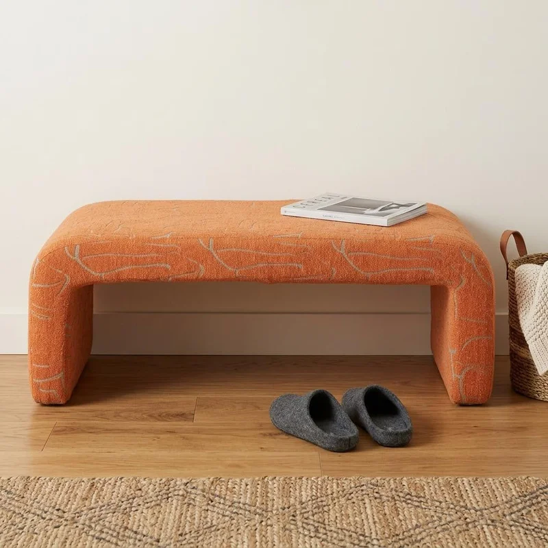 50 Orange Fabric Abstract Curvy Upholstered Bench