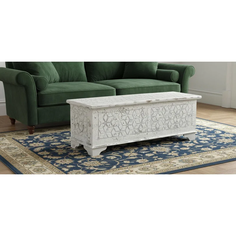 52 White Rustic Solid Wood Geometric Storage Ottoman