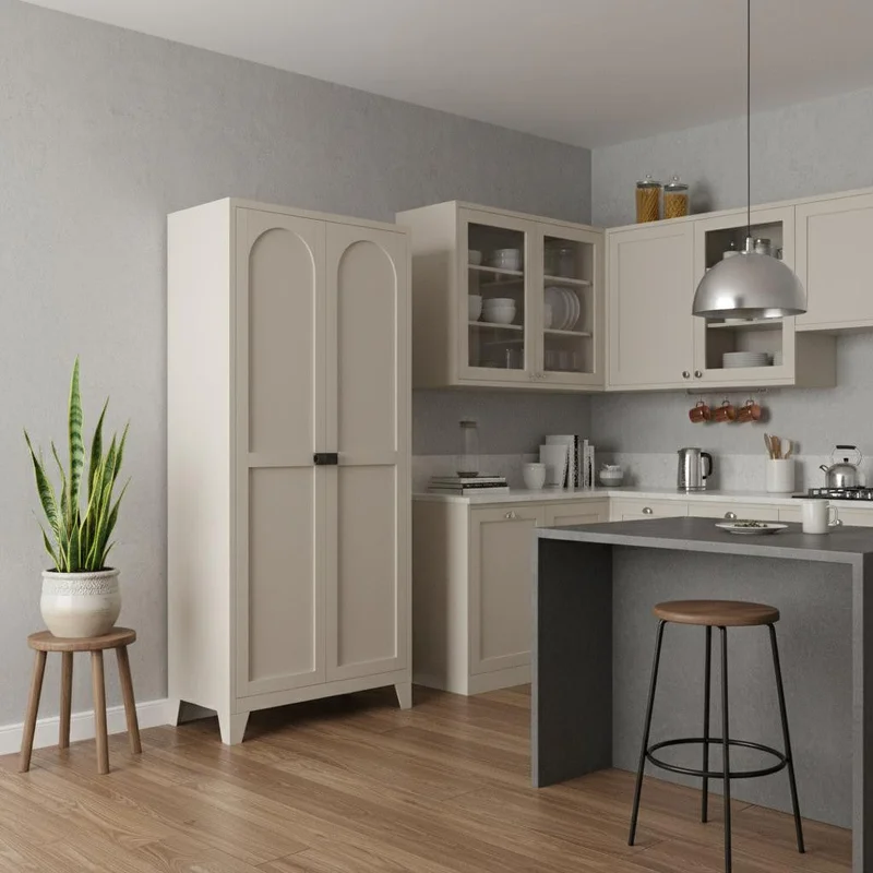 71 Cream Stainless Steel Locking Pantry Or Storage Closet With Arched Panel Doors