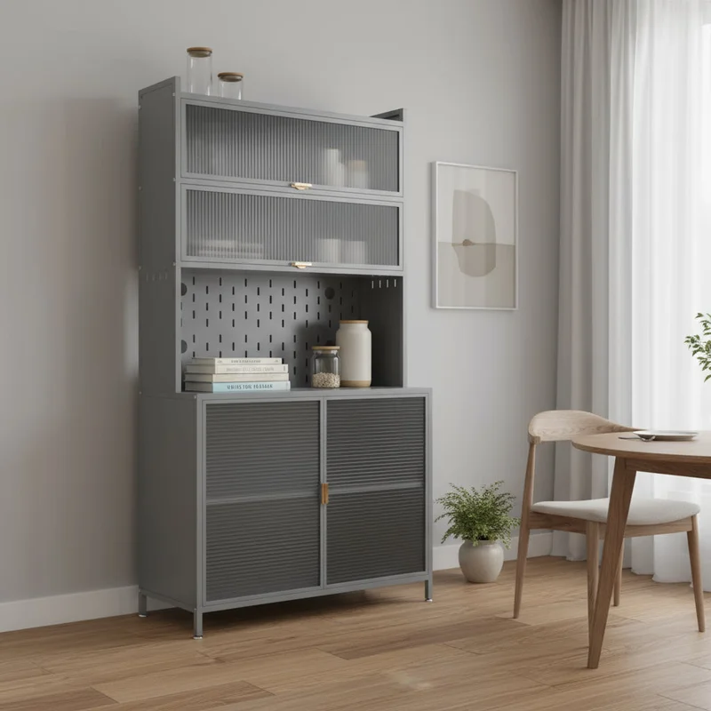 73 Gray Stainless Steel Textured Door Dining Hutch With Two Doors