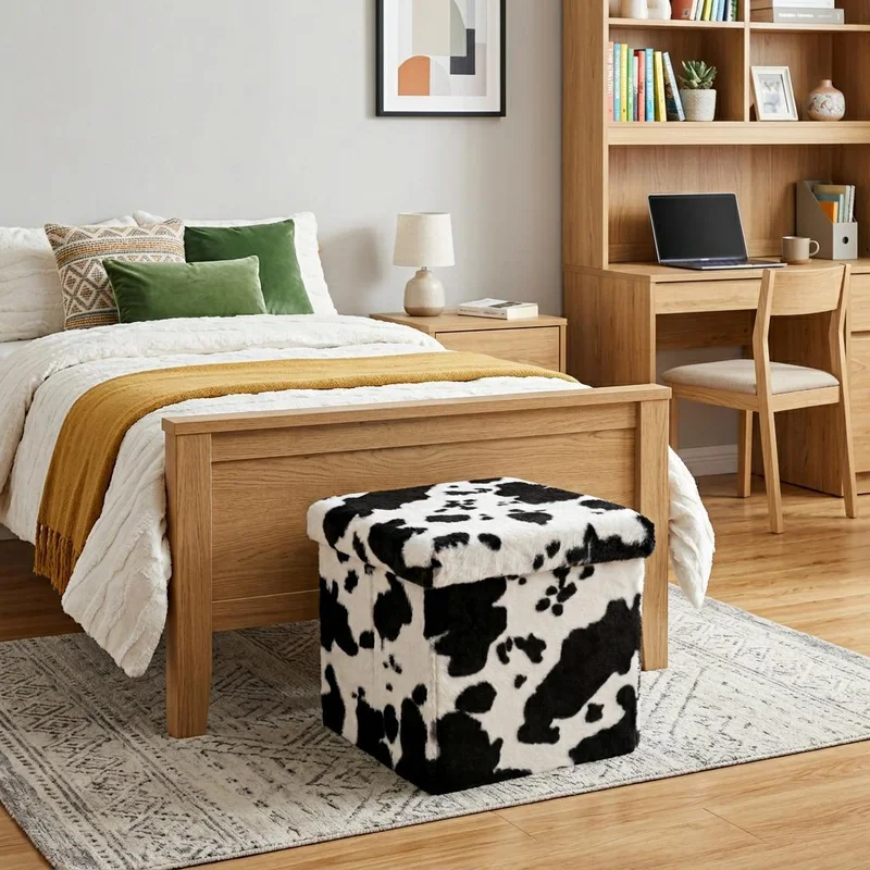 15 Black and White Faux Fur Cow Print Storage Ottoman