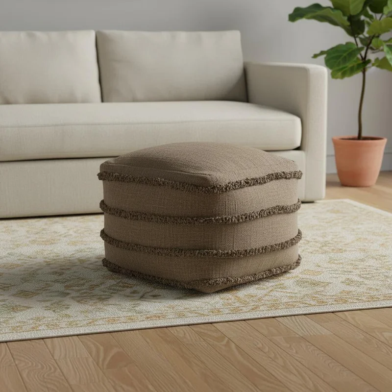 18 Brown Cotton Striped Pouf Ottoman