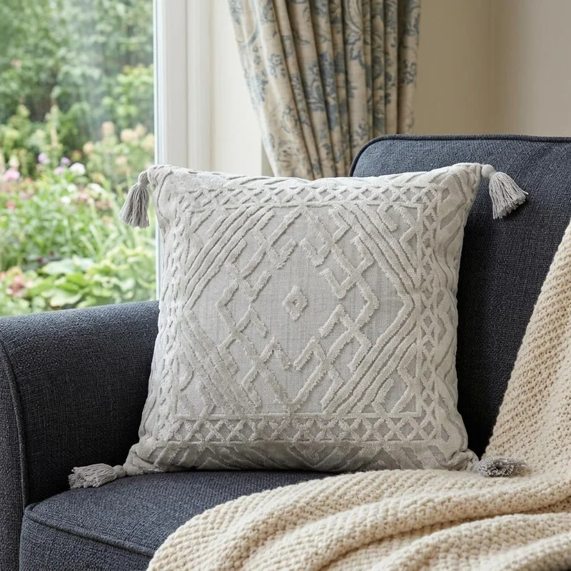 18 Gray And Silver Geometric Viscose Throw Pillow Cover with Tassels
